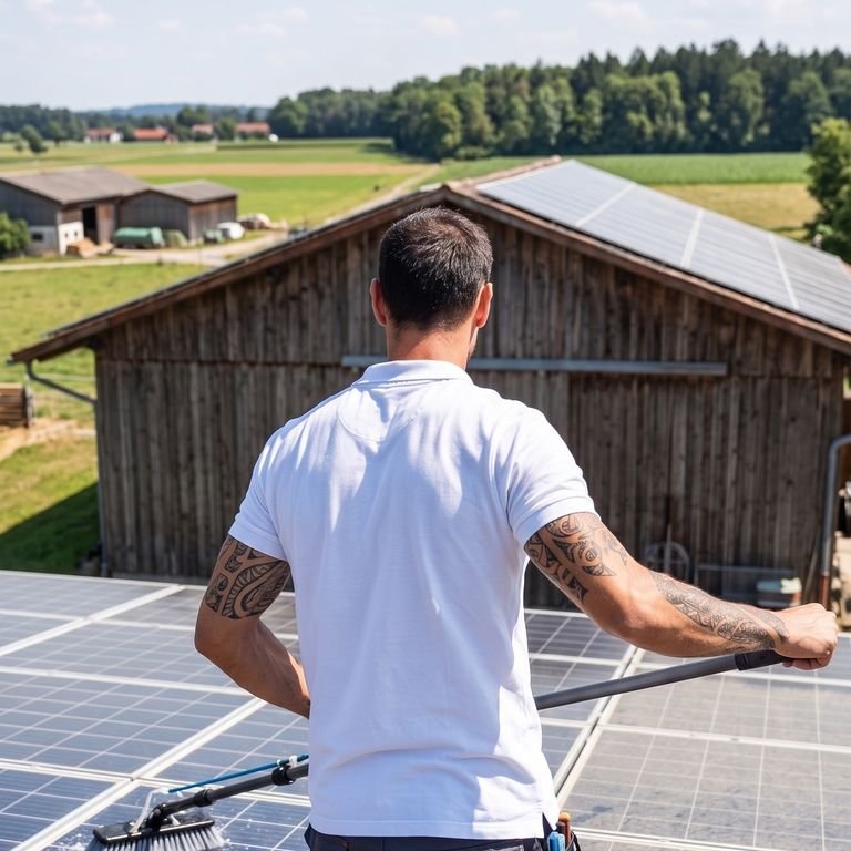 Reinigung eines Solarmoduls von Hand mit weicher Bürste