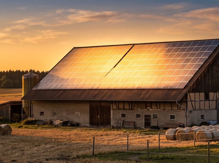 Hofgebäude mit Photovoltaikanlage im Abendlicht