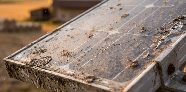 Kante eines Solarmoduls mit festsitzendem Belag